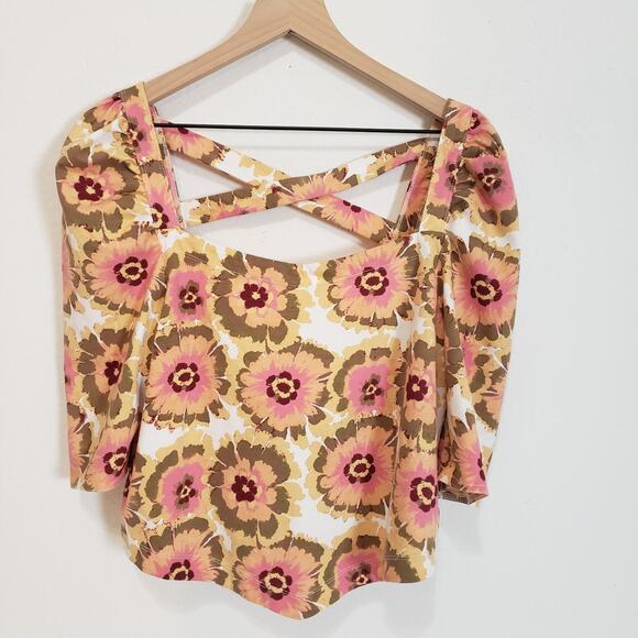 Free People Women's SIZE XL Floral Crop Top Puff 3/4 Sleeves OB1472617 Pink - Picture 10 of 11